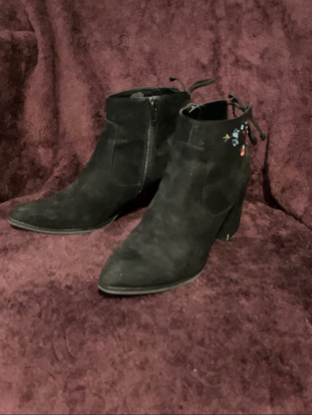 Black Suede Ankle Booties with Embroidered Back Detail